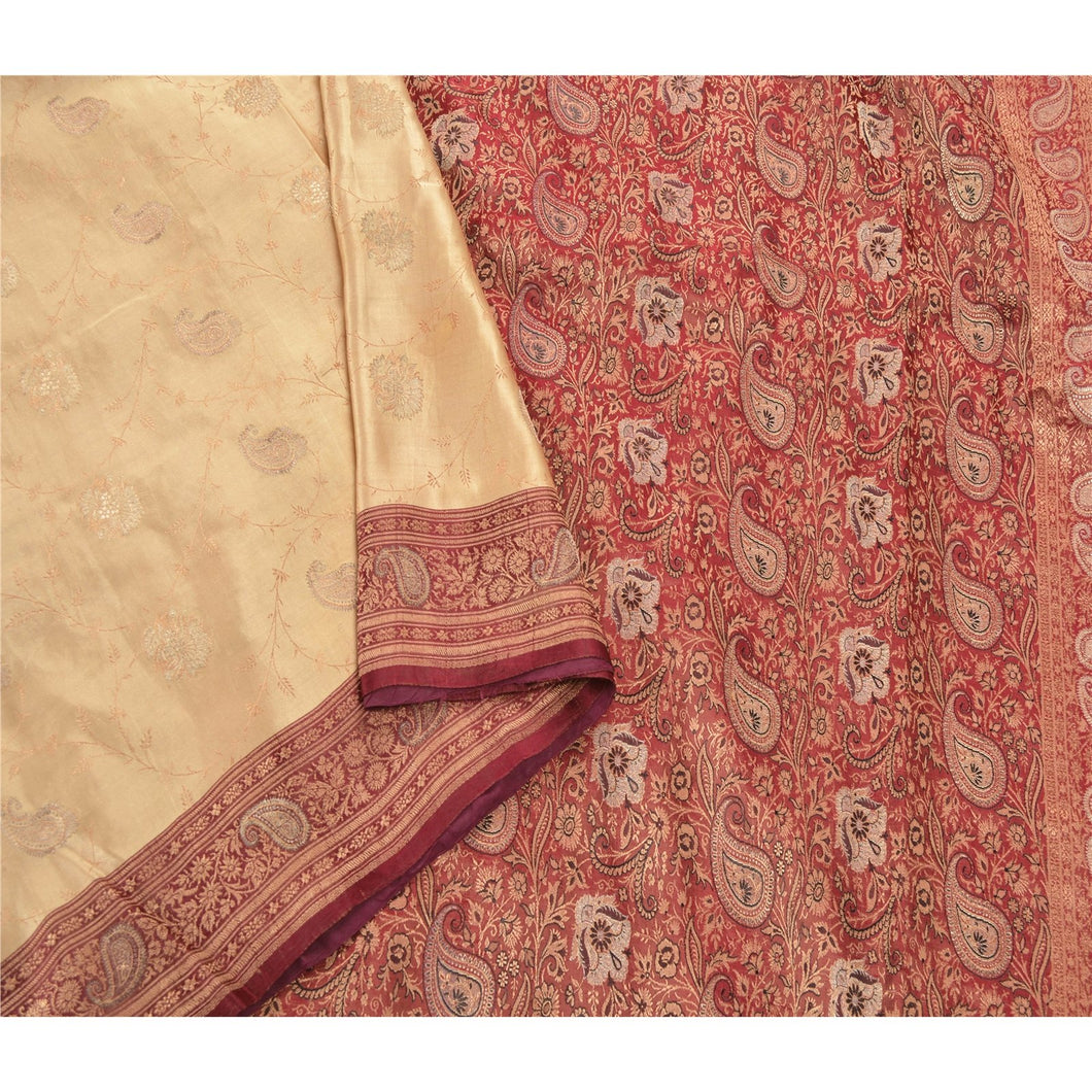 Sanskriti Vintage Cream Heavy Saree 100% Pure Satin Silk Woven Fabric 5 Yd Sari
