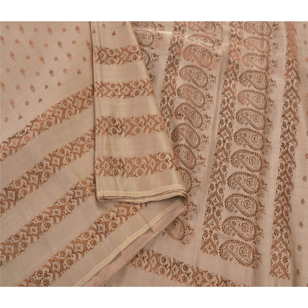 Sanskriti Vintage Fawn Heavy Saree 100% Pure Satin Silk Woven Fabric 5 Yd Sari