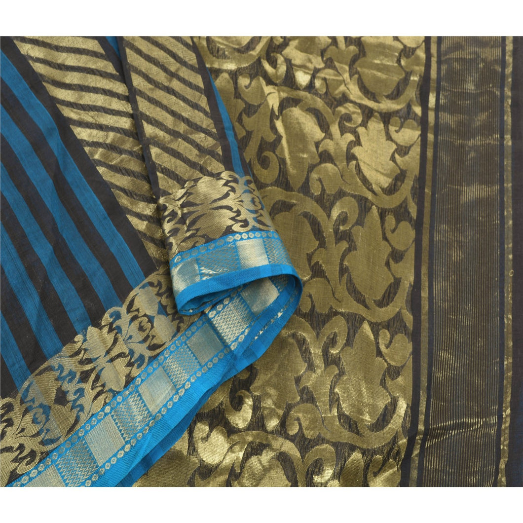 Sanskriti Vintage Blue Heavy Saree 100% Pure Cotton Woven Brocade Sari Fabric