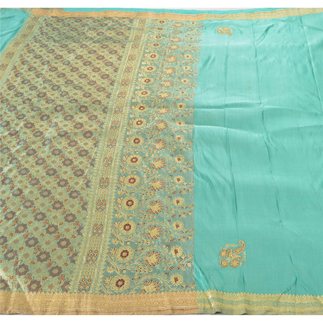 Sanskriti Vintage Green Heavy Saree Pure Satin Silk Woven Brocade Banarasi Sari Fabric
