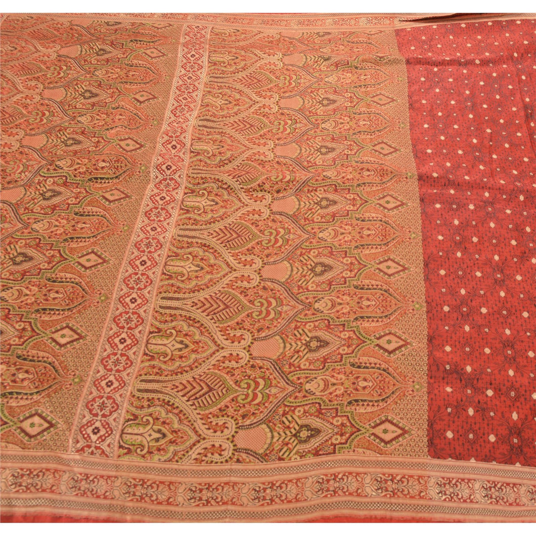 Sanskriti Vintage Red Heavy Saree 100% Pure Satin Silk Woven Fabric 5 Yd Sari