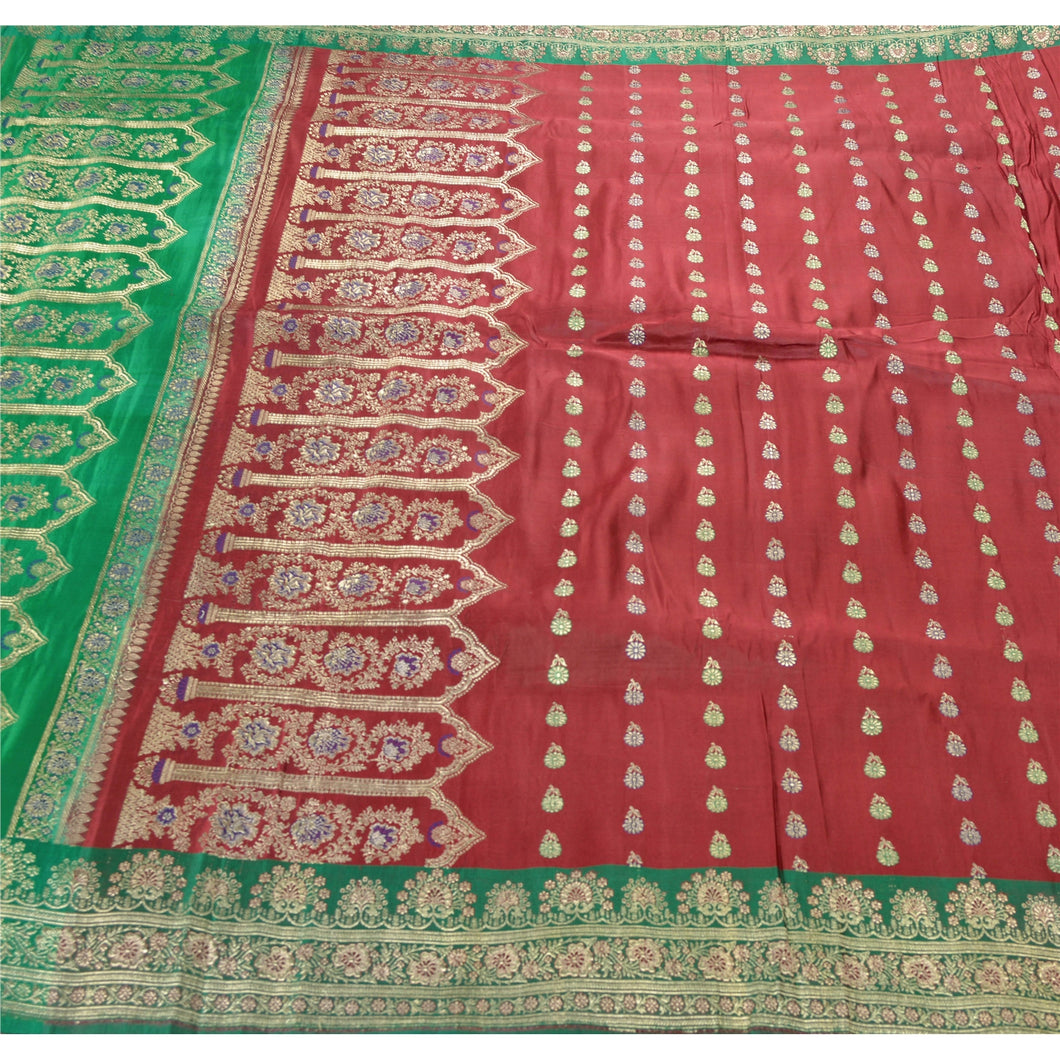 Sanskriti Vinatage Dark Red Heavy Saree Pure Satin Silk Woven Brocade Banarasi Sari Fabric