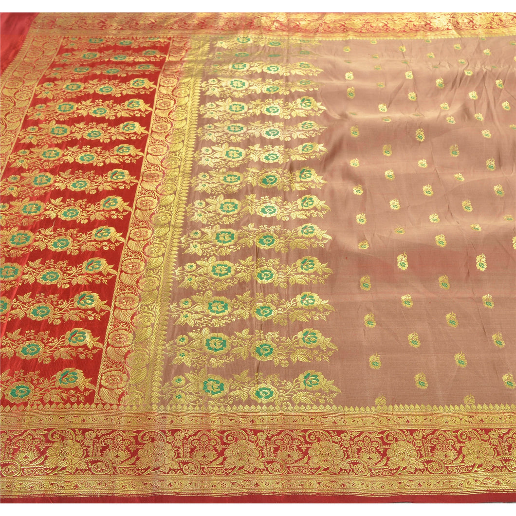 Sanskriti Vintage Heavy Saree Pure Satin Silk Brocade Sari Fabric Blouse Piece