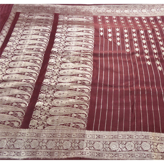 Sanskriti Vintage Purple Heavy Saree 100% Pure Satin Silk Brocade/Banarasi Sustainable Fabric Sari