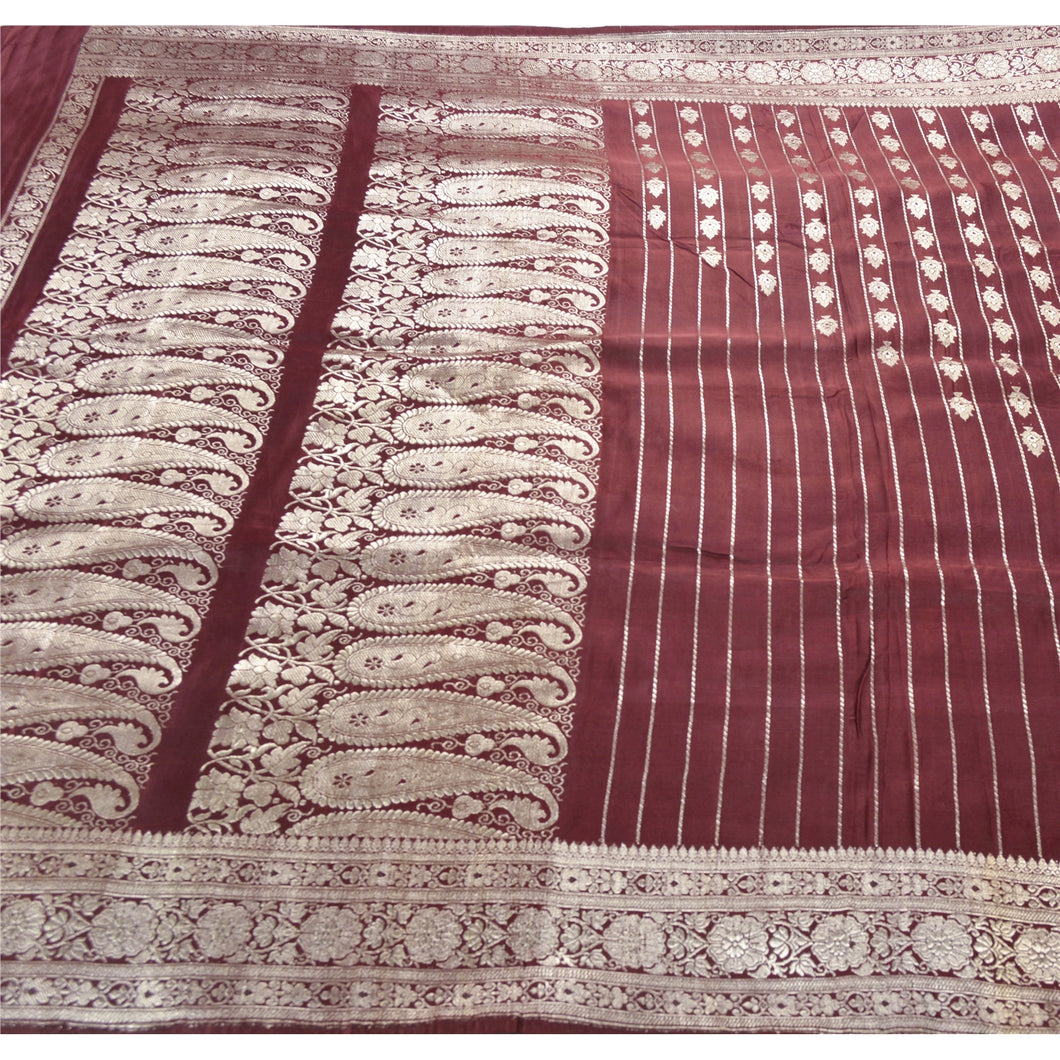 Sanskriti Vintage Purple Heavy Saree 100% Pure Satin Silk Brocade/Banarasi Fabric Sari
