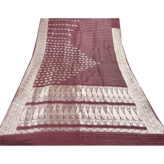 Sanskriti Vintage Purple Heavy Saree 100% Pure Satin Silk Brocade/Banarasi Sustainable Fabric Sari
