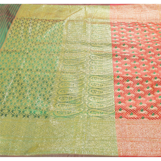 Sanskriti Vintage Red Heavy Saree Art Silk Brocade Banarasi Zari Hand Woven Sustainable Fabric Paisley Sari