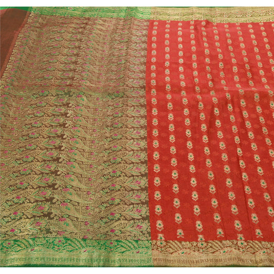 Sanskriti Vintage Red Heavy Saree Art Silk Woven Brocade/Banarasi Sustainable Fabric Sari