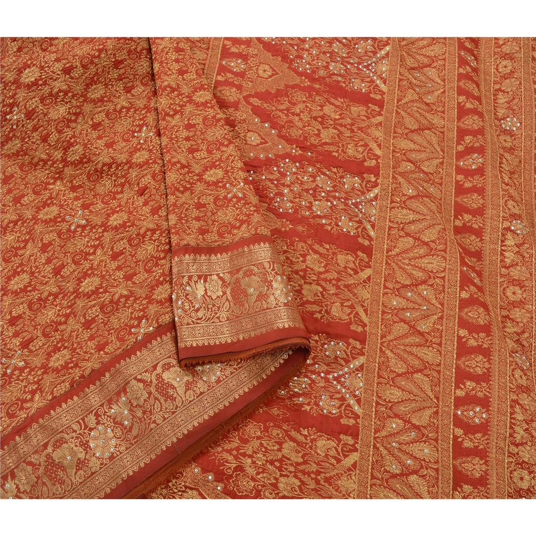 Sanskriti Vinatage Antique Red Kanjivaram Saree Handcrafted Art Silk Sari Fabric