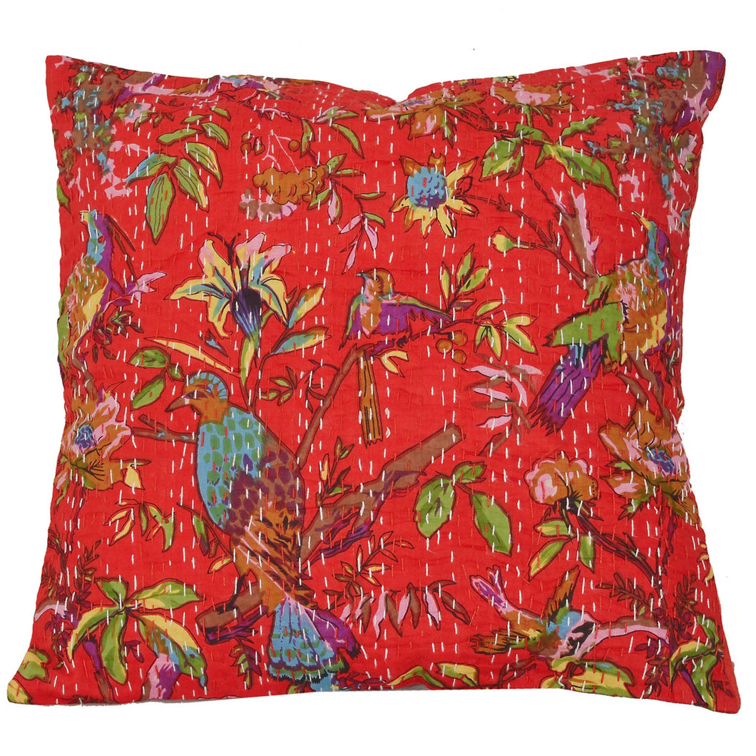 Sanskriti New Red Cushion Cover Hand Embroidery Kantha Pure Cotton Set Of 5 Sham