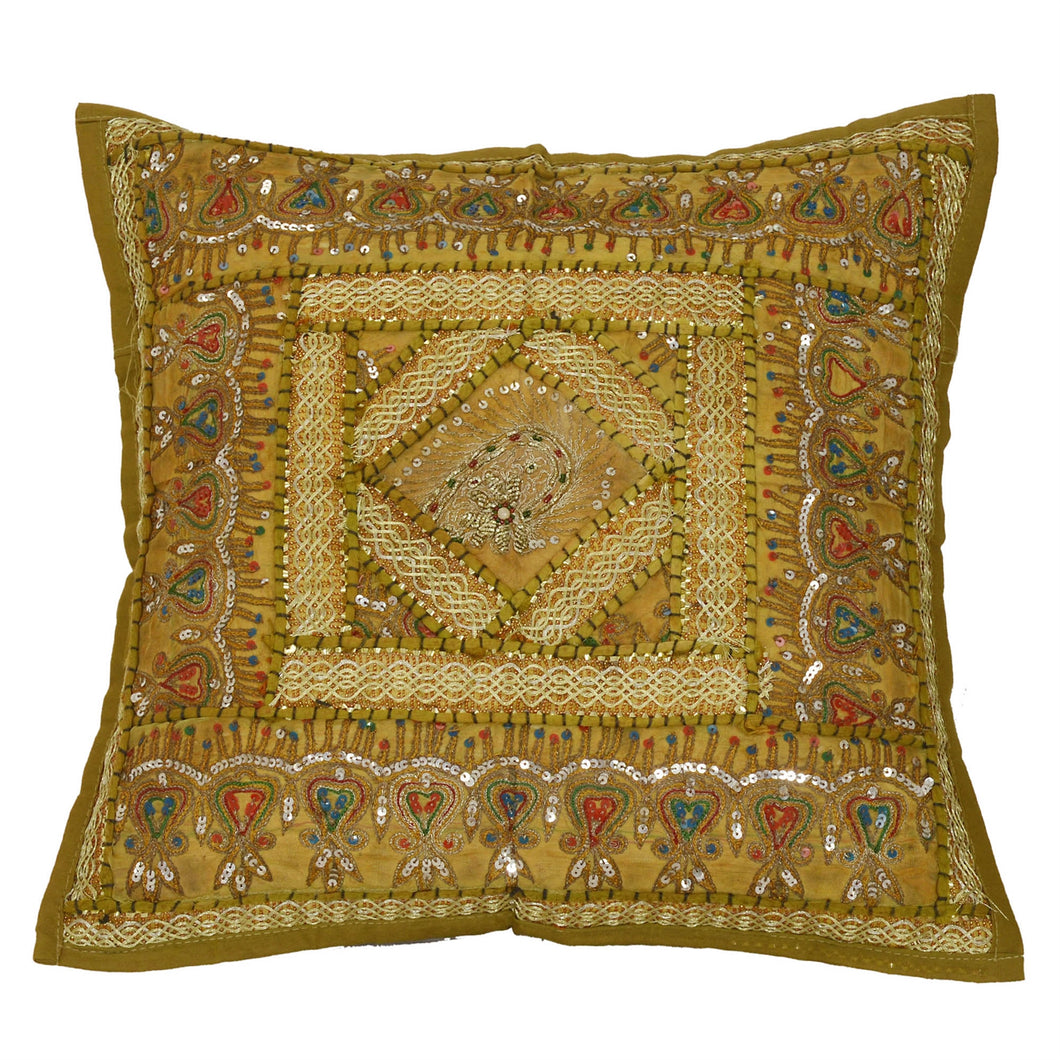 Sanskriti New Sets Of 3 Art Silk Cushion Case Green Sham Hand Beaded Home Decor