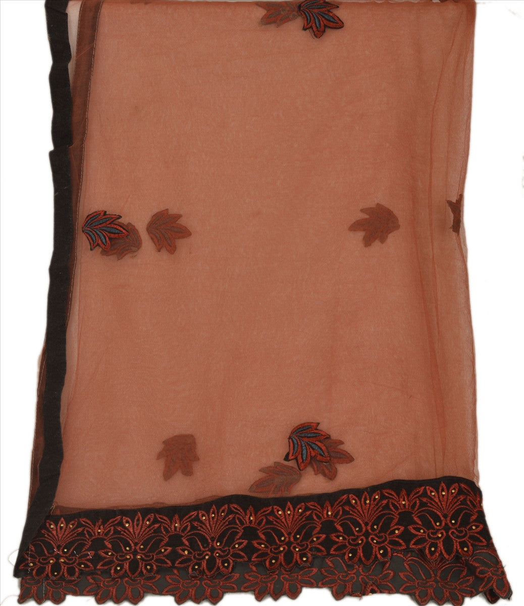 Sanskriti Vintage Dupatta Long Stole Net Mesh Brown Hijab Embroidered Wrap Veil
