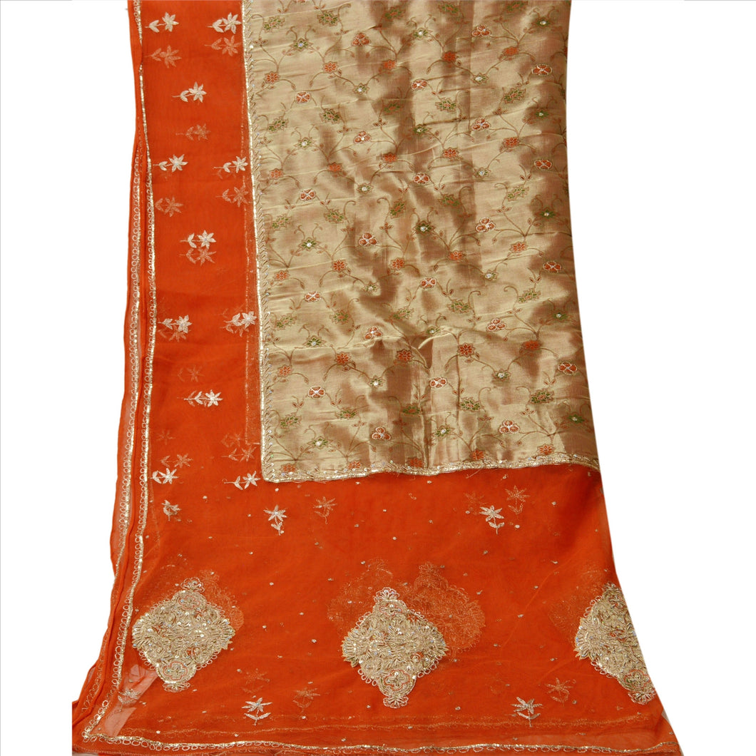 Sanskriti Vintage Dupatta Long Stole Net Mesh Orange Scarves Hand Beaded Hijab