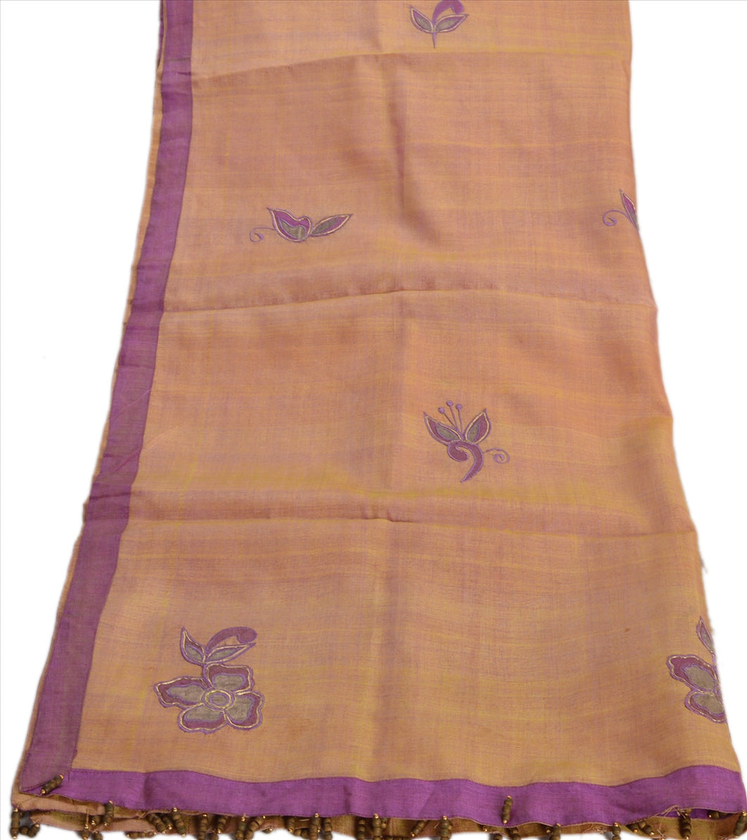 Vintage Dupatta Long Scarf Art Silk Purple Cream Hijab Embroidered Veil Stole