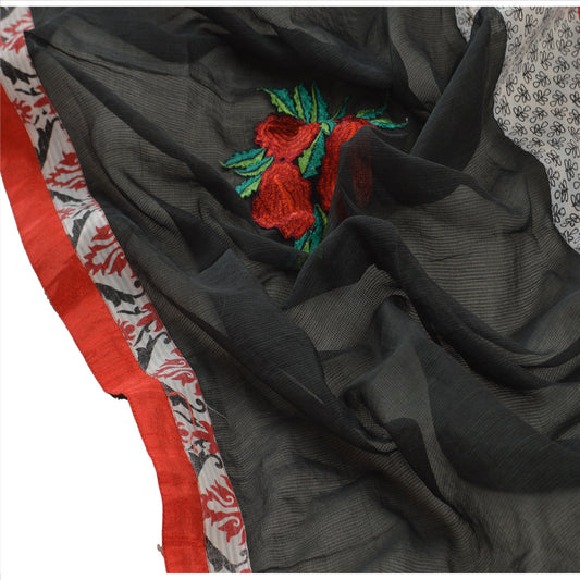 Sanskriti Vintage Dupatta Long Stole Art Silk White Black Veil Embroidered Wrap Hijab