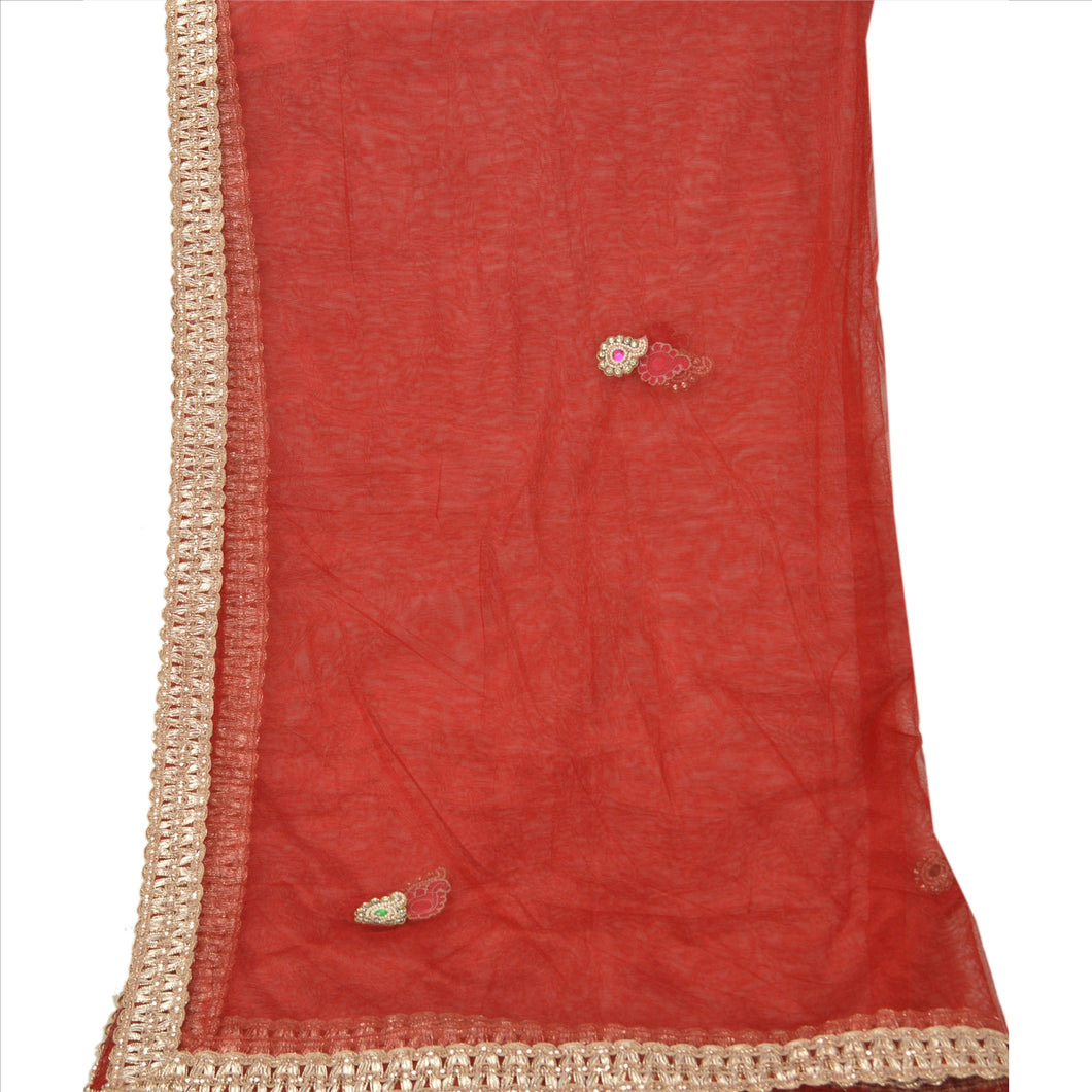 Sanskriti Vintage Dupatta Long Stole Net Mesh Maroon Hijab Hand Beaded Scarves