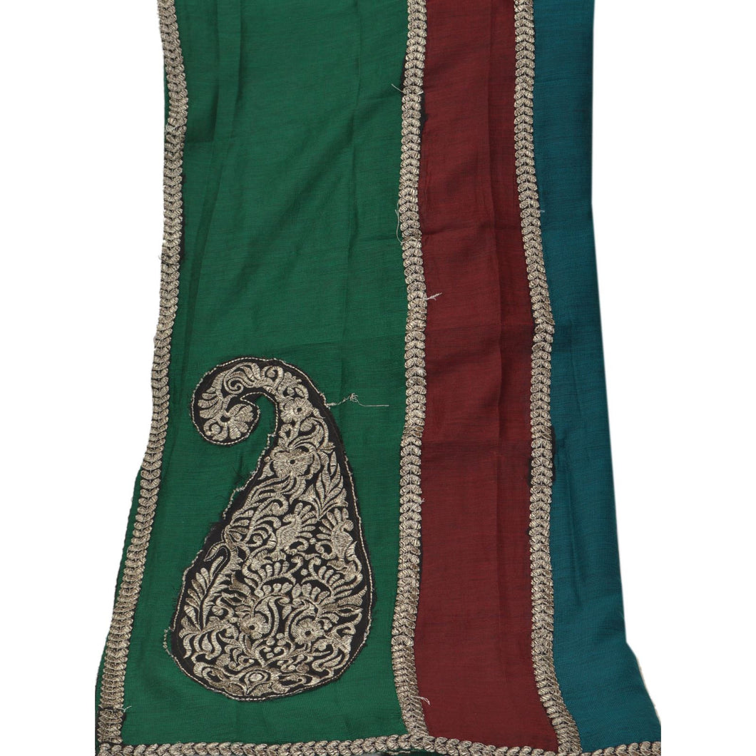 Sanskriti Vintage Dupatta Long Stole Art Silk Green Hijab Embroidered Wrap Veil