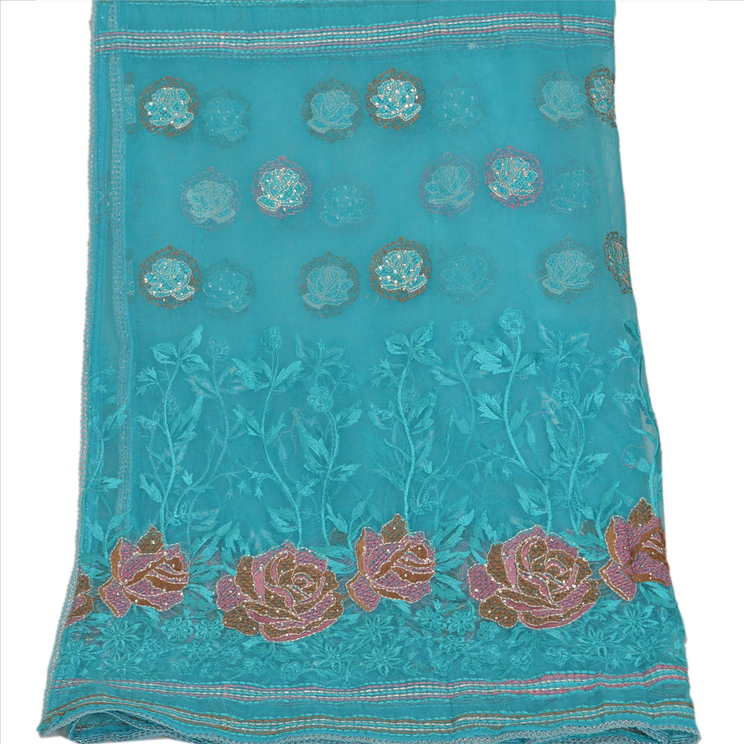 Sanskriti Vintage Dupatta Long Stole Net Mesh Blue Embroidered Veil Scarves
