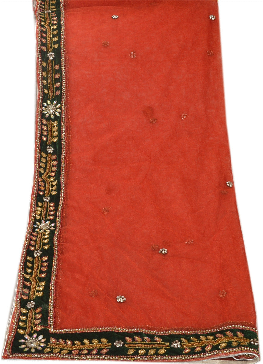 Sanskriti Vintage Dupatta Long Stole Net Mesh Orange Hijab Hand Beaded Wrap Veil