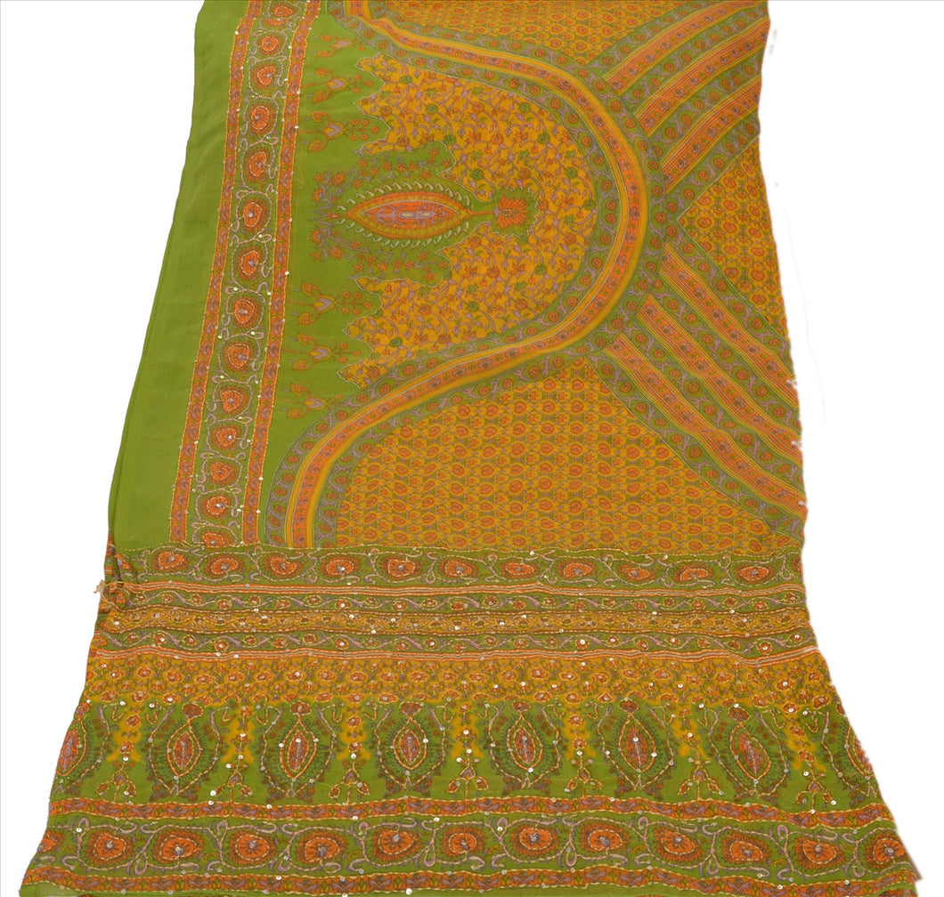 Vintage Dupatta Long Stole Georgette Green Hand Embroidered Kantha Wrap Veil