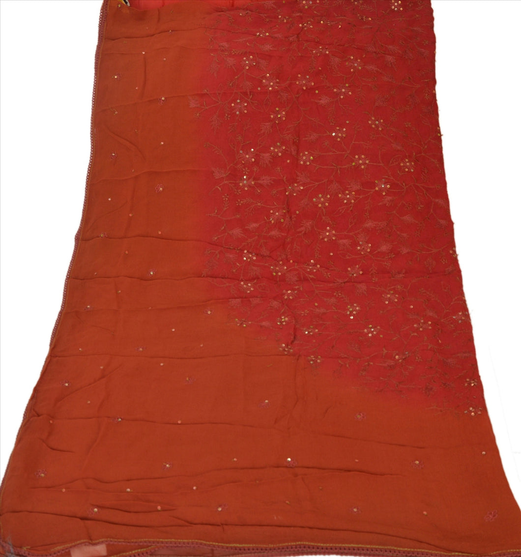 Sanskriti Vintage Dupatta Long Stole Georgette Dark Orange Hand Beaded Wrap Veil