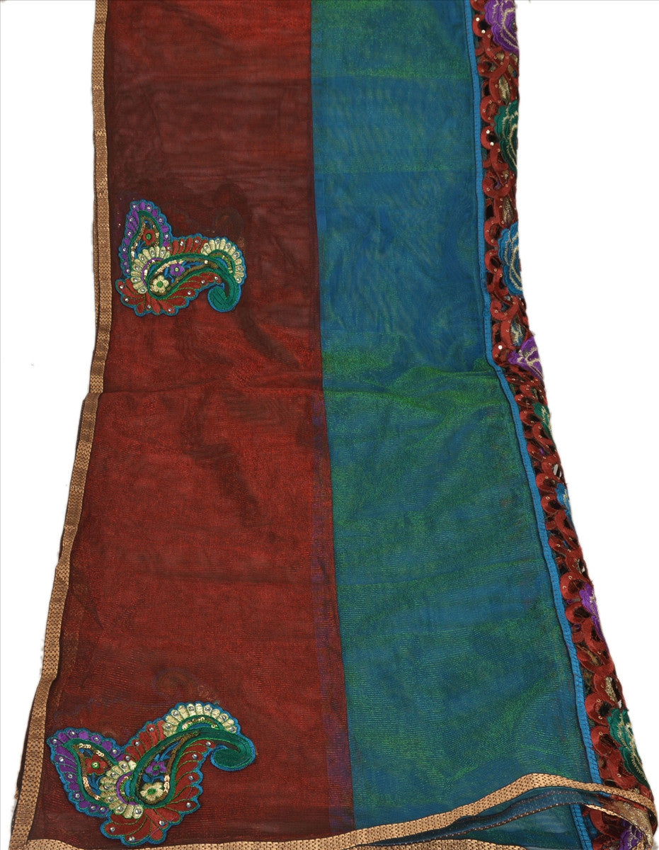 Sanskriti Vintage Dupatta Long Stole Net Mesh Maroon Hijab Embroidered Wrap Veil