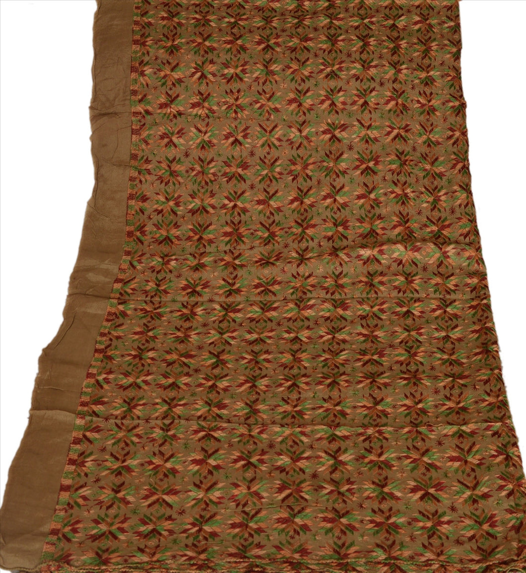 Vintage Dupatta Long Stole Art Silk Brown Embroidered Bagh Phulkari Scarves