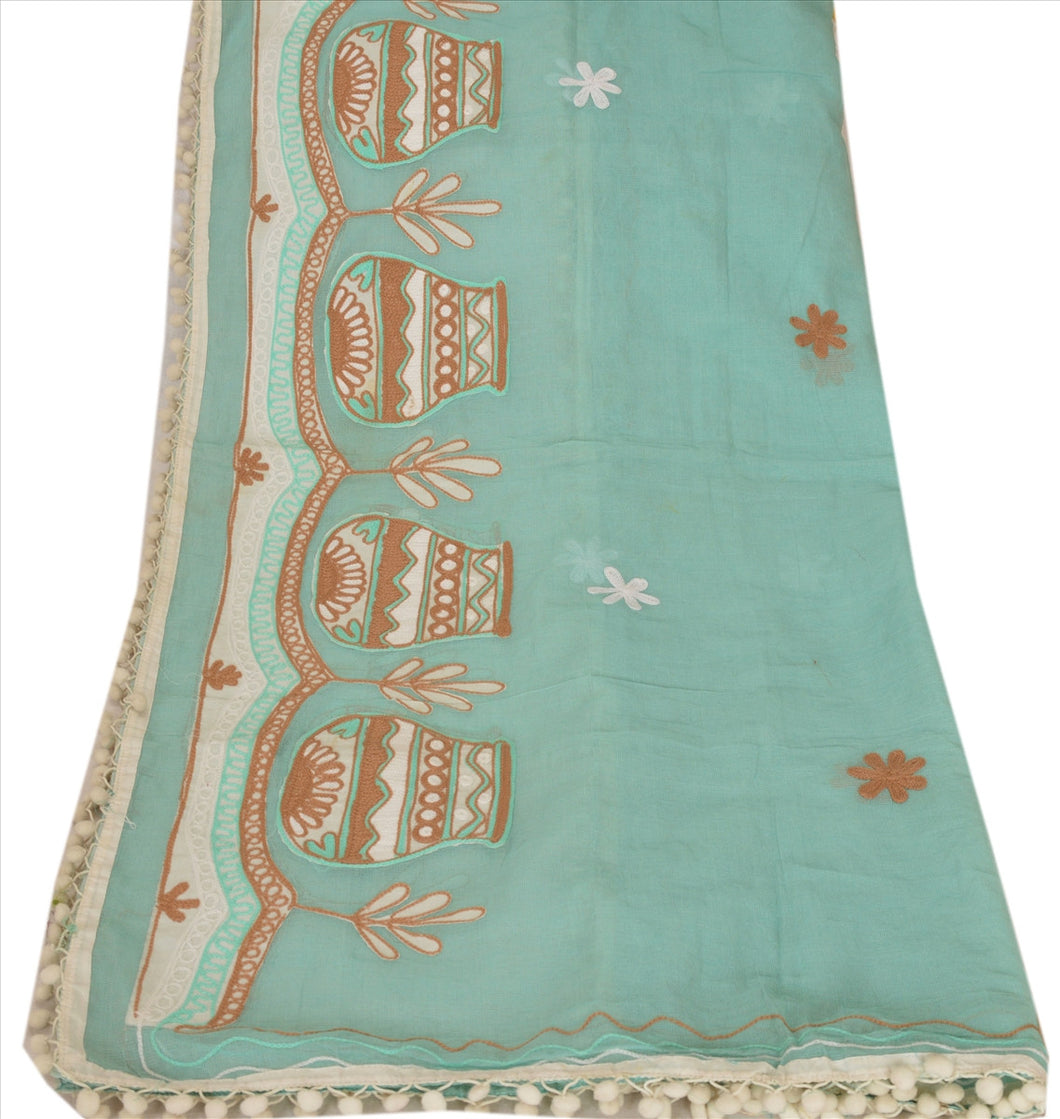 Vintage Dupatta Long Stole Cotton Sea Green Scarves Hand Embroidered Hijab