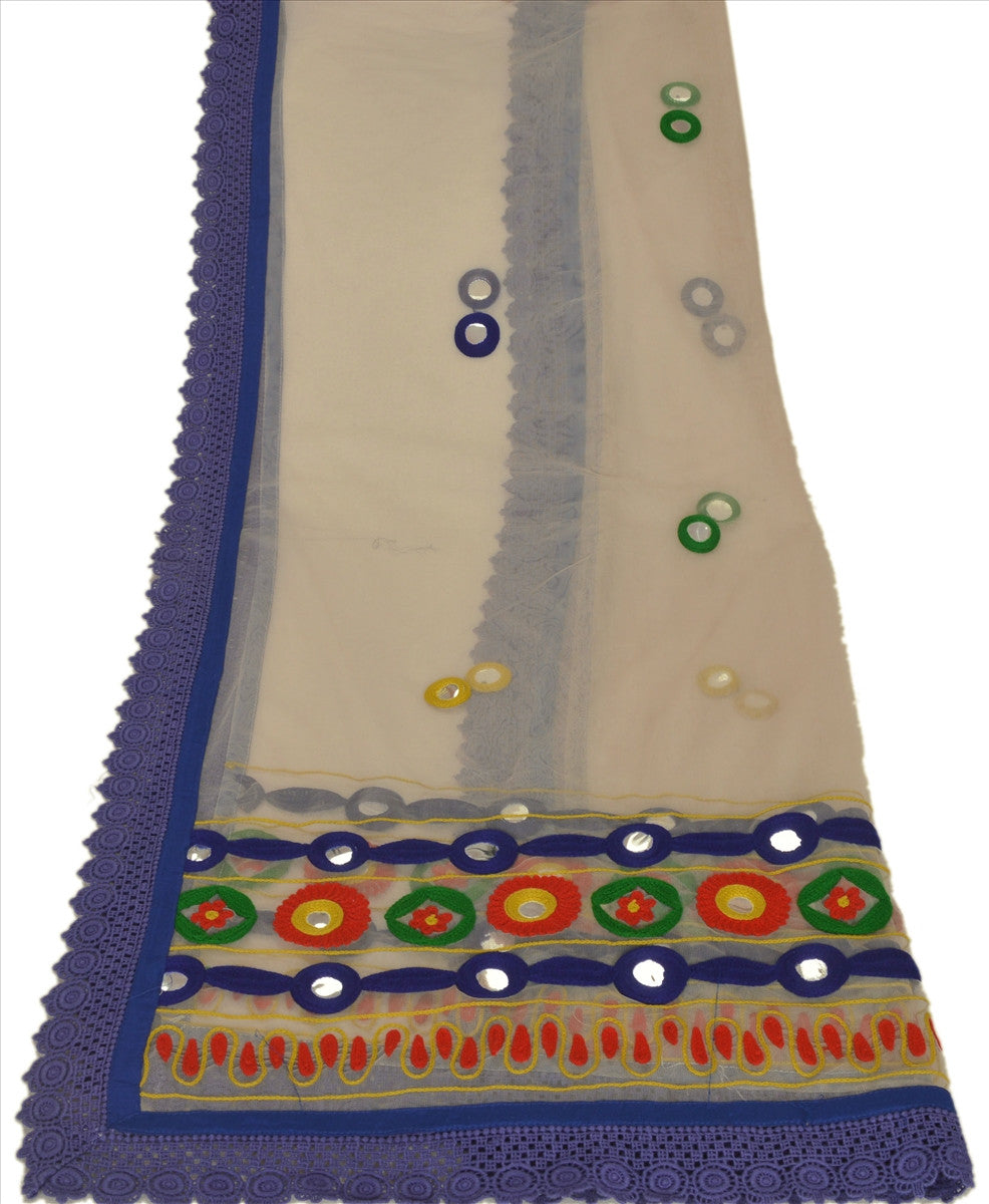 Vintage Dupatta Schal Long Stola Net Mesh Cream Hand Embroidered Scarves