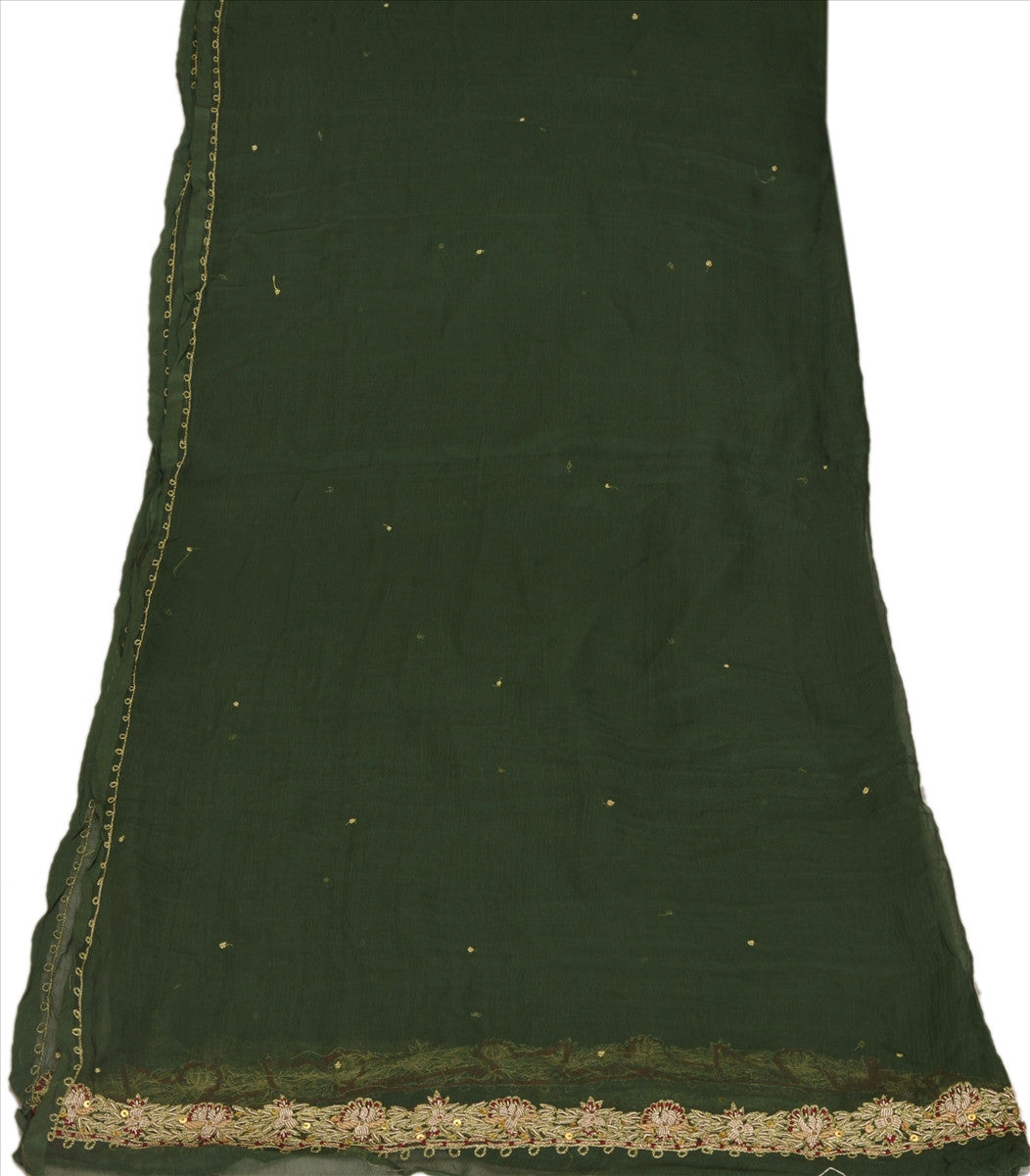 Sanskriti Vintage Dupatta Long Stole Chiffon Silk Green Hand Beaded Wrap Veil
