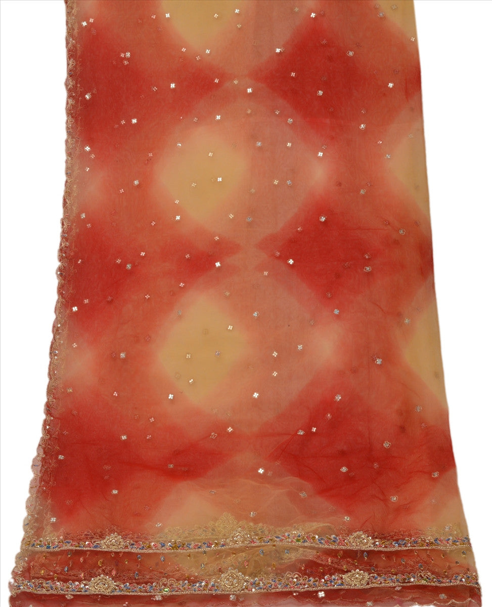 Sanskriti Vintage Dupatta Long Stole Net Mesh Red Scarves Hand Beaded Hijab