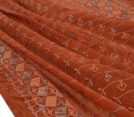 Sanskriti Vintage Dupatta Long Stole Chiffon Silk Brown Embroidered Wrap Hijab