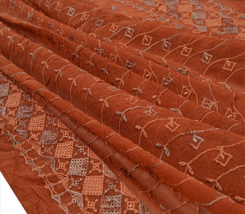 Sanskriti Vintage Dupatta Long Stole Chiffon Silk Brown Embroidered Wrap Hijab