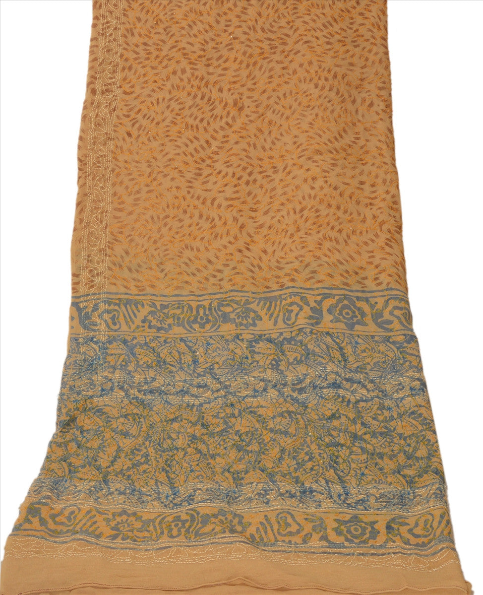 Vintage Dupatta Long Stole Georgette Beige Hand Embroidered Kantha Wrap Veil