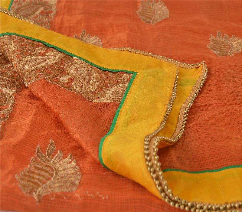 Sanskriti Vintage Dupatta Long Stole Art Silk Orange Scarves Embroidered Hijab