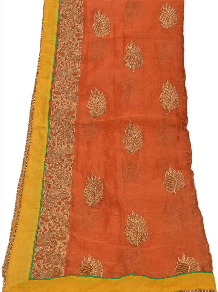 Sanskriti Vintage Dupatta Long Stole Art Silk Orange Scarves Embroidered Hijab