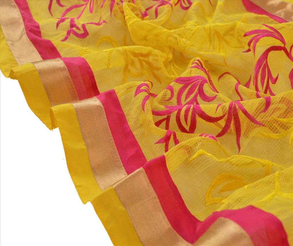 Sanskriti Vintage Dupatta Long Stole Art Silk Yellow Scarves Embroidered Hijab