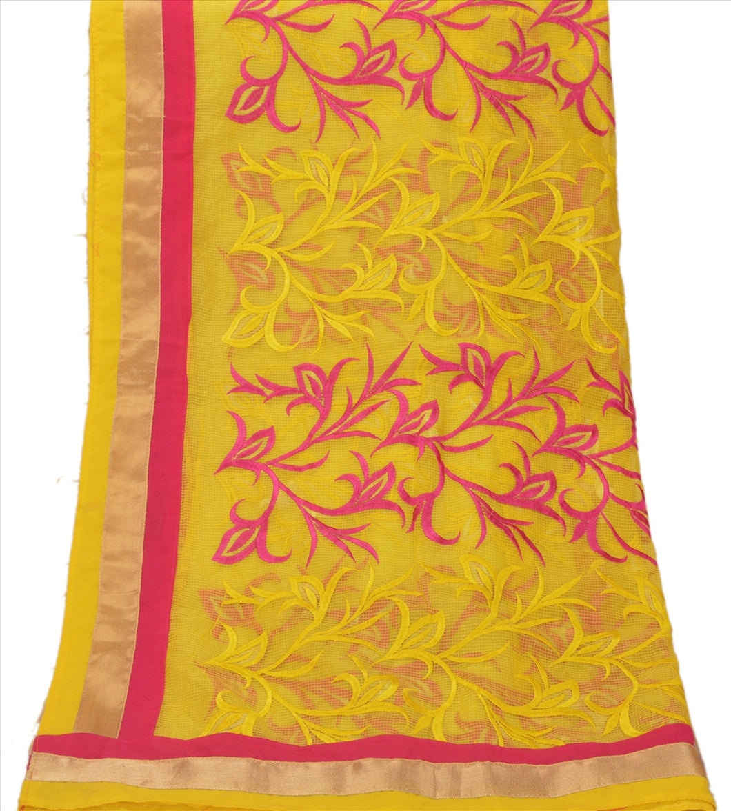 Sanskriti Vintage Dupatta Long Stole Art Silk Yellow Scarves Embroidered Hijab