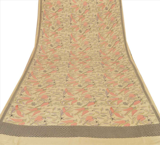 Sanskriti Vintage Dupatta Long Stole Art Silk Cream Wrap Hijab Kantha Printed Veil Scarves