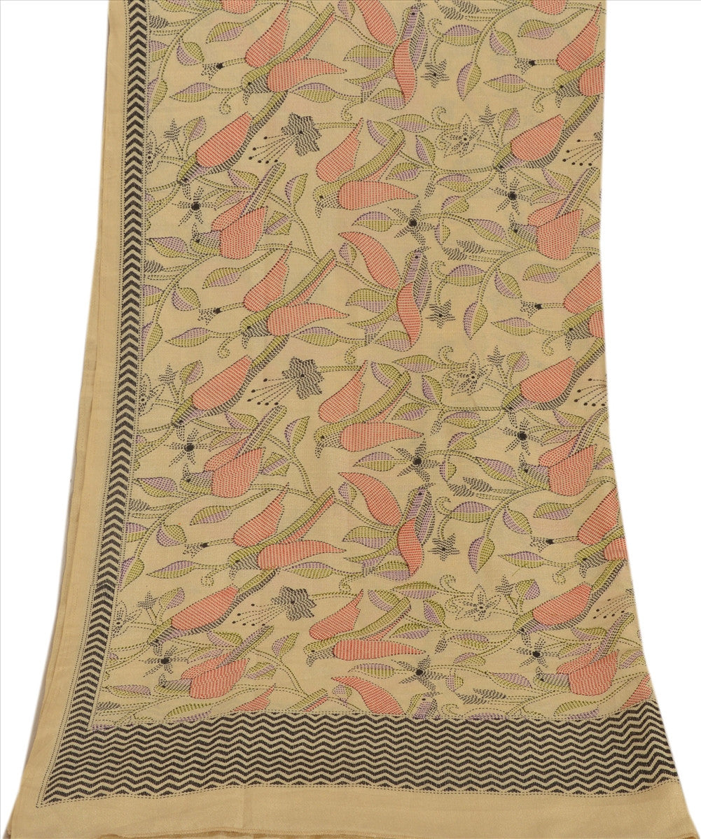 Vintage Dupatta Long Stole Art Silk Cream Wrap Hijab Kantha Printed Veil Scarves