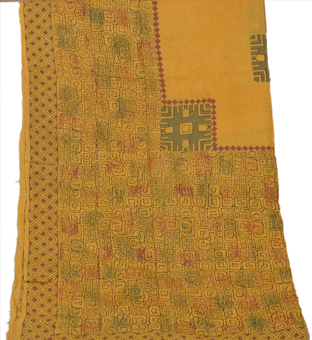 Vintage Dupatta Long Stole Pure Silk Yellow Wrap Hijab Printed Veil Scarves