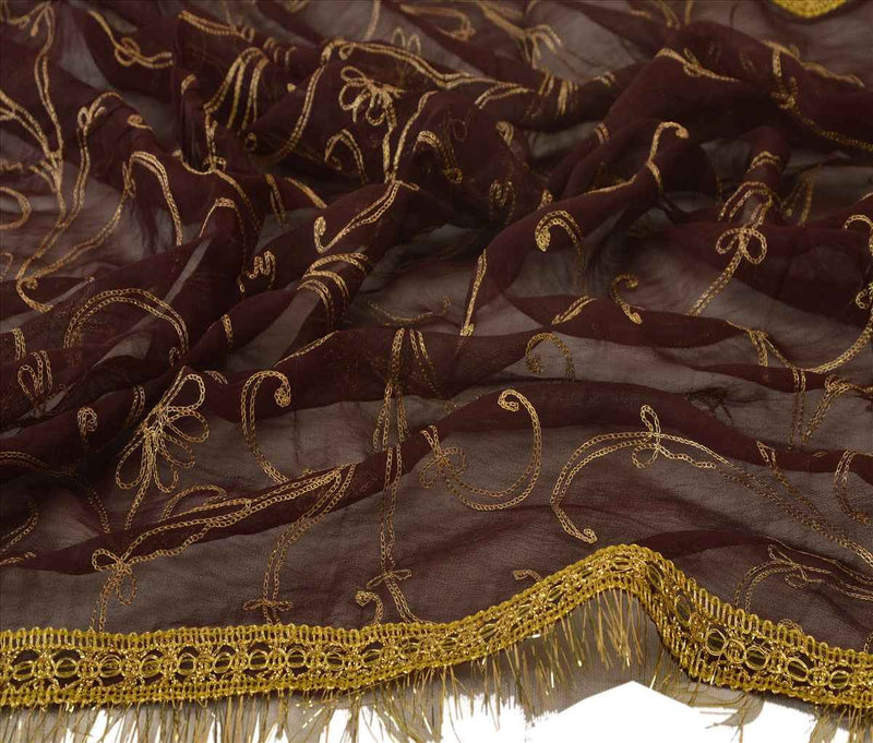 Sanskriti Vintage Dupatta Long Stole Georgette Brown Scarves Hand Embroidered Hijab