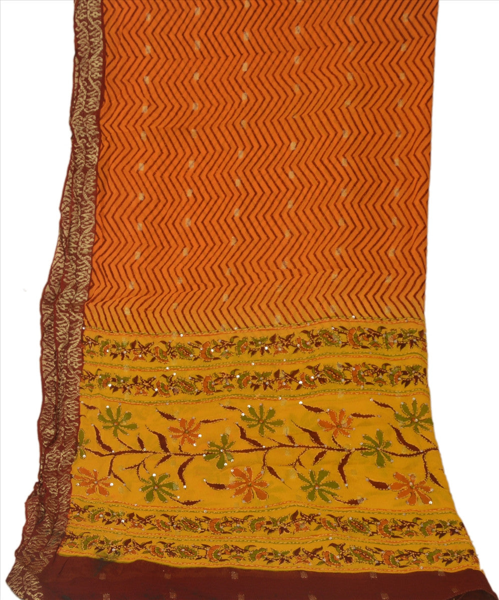 Vintage Dupatta Long Stole Cotton Saffron Hand Embroidered Kantha Wrap Veil