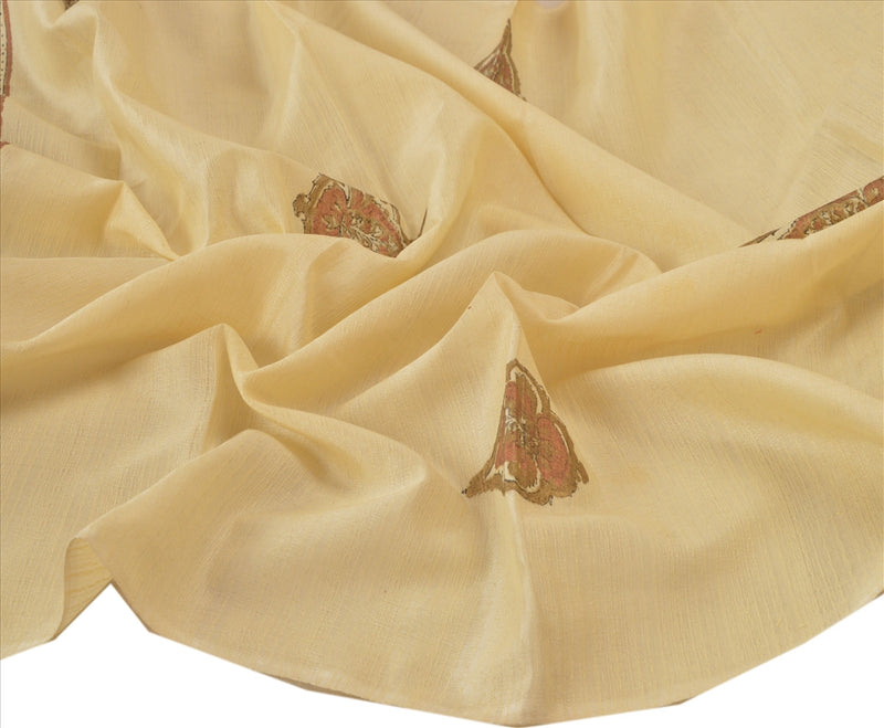 Sanskriti Vintage Dupatta Long Stole Art Silk Cream Scarves Painted Hijab