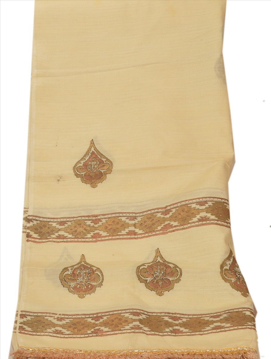 Sanskriti Vintage Dupatta Long Stole Art Silk Cream Scarves Painted Hijab