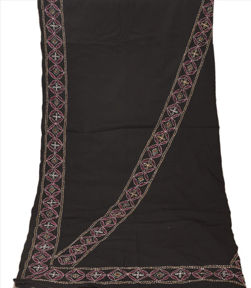 Vintage Dupatta Schal Long Stola Art Silk Black Hand Embroidered Kantha Scarves