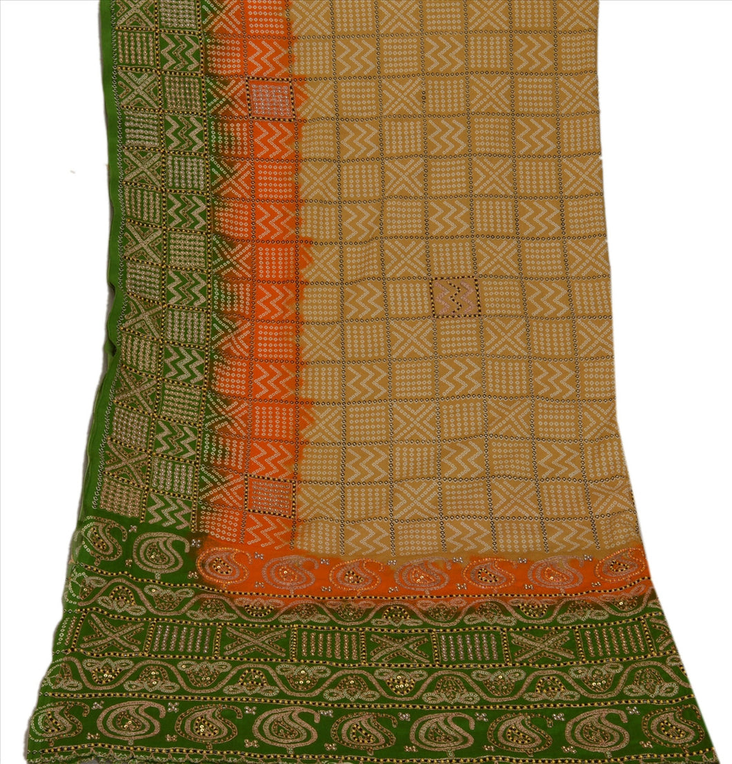 Vintage Dupatta Long Stole Art Silk Multi Color Hand Beaded Bandhani Wrap Veil