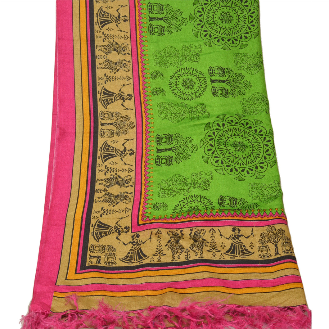 Vintage Dupatta Long Stole Art Silk Green Wrap Hijab Block Printed Veil Scarves
