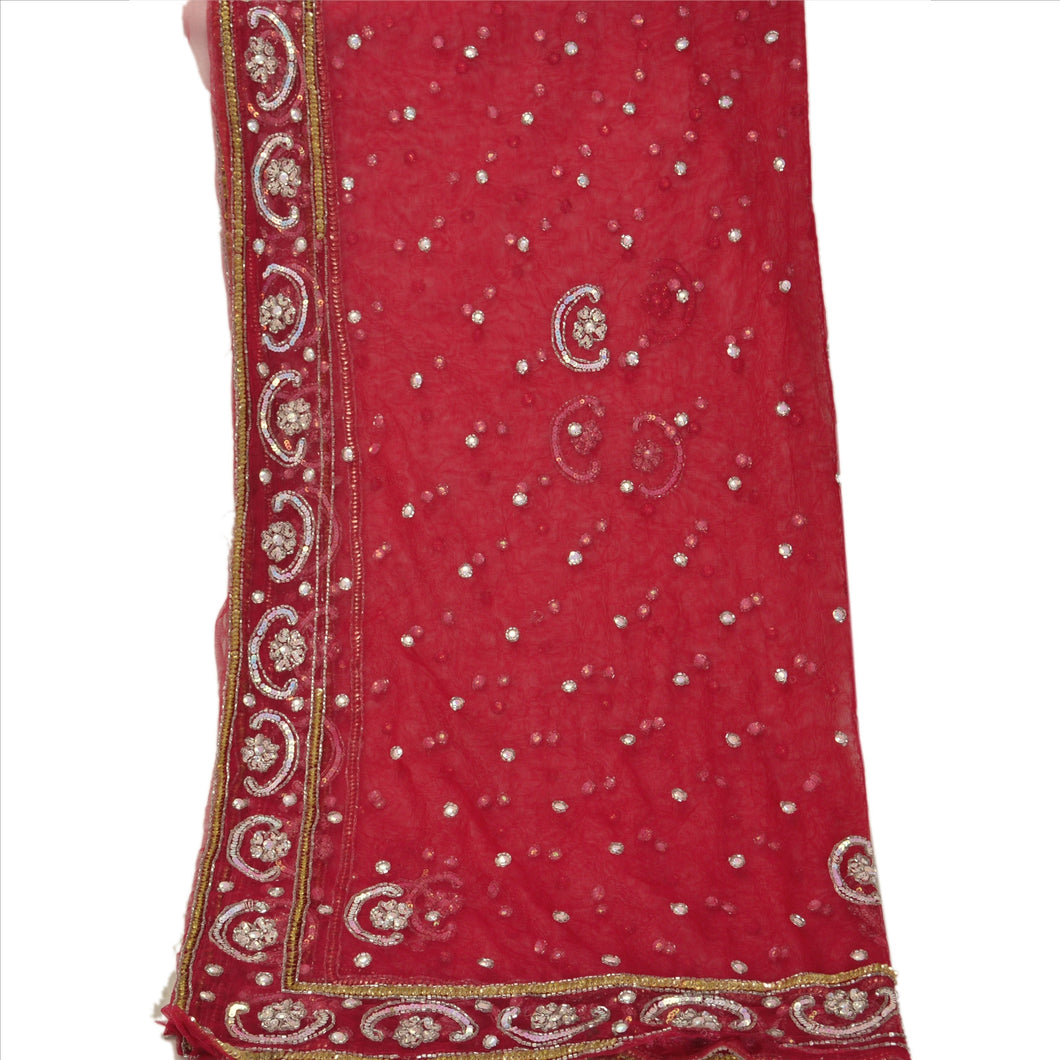Sanskriti Vintage Dupatta Long Stole Net Mesh Pink Hand Beaded Wrap Veil