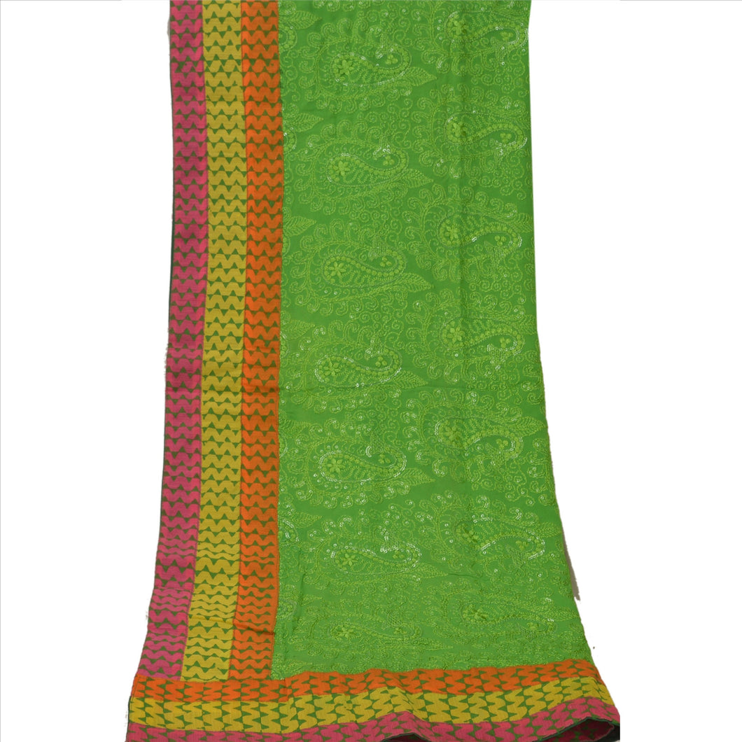 Sanskriti Vintage Dupatta Long Stole Georgette Green Scarves Embroidered Hijab